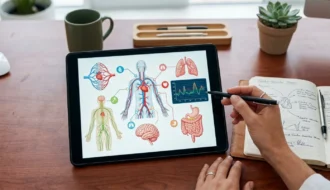 Tablet és füzet az asztalon, egészségügyi adatokkal