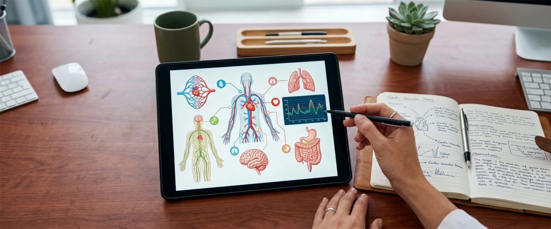 Tablet és füzet az asztalon, egészségügyi adatokkal